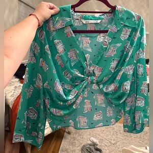Zara Green Long Sleeve Crop Blouse with Tie Front